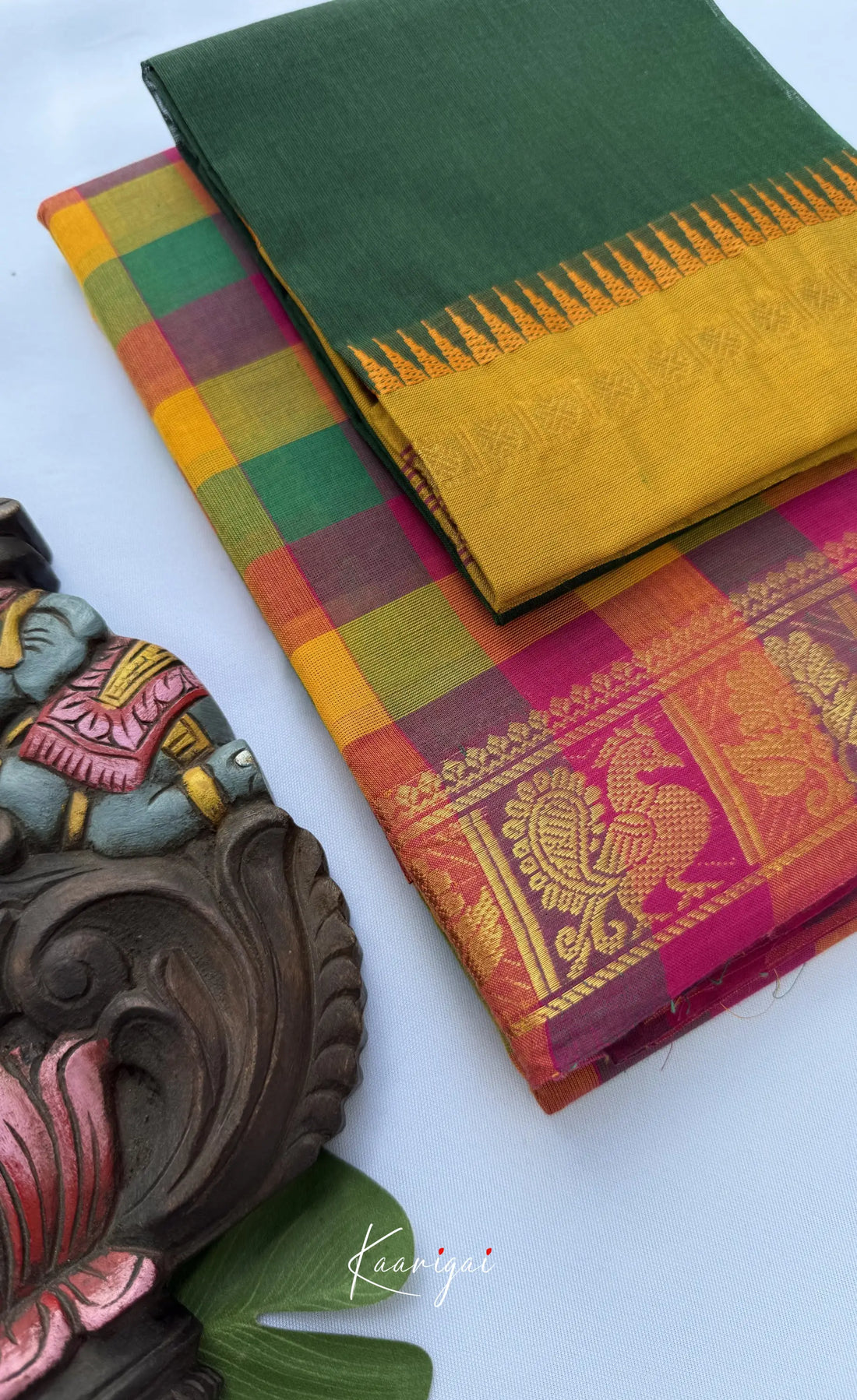 Nalinam - Bottle green and Pink Kandangi Checks Saree with Contrast Blouse - Sarees