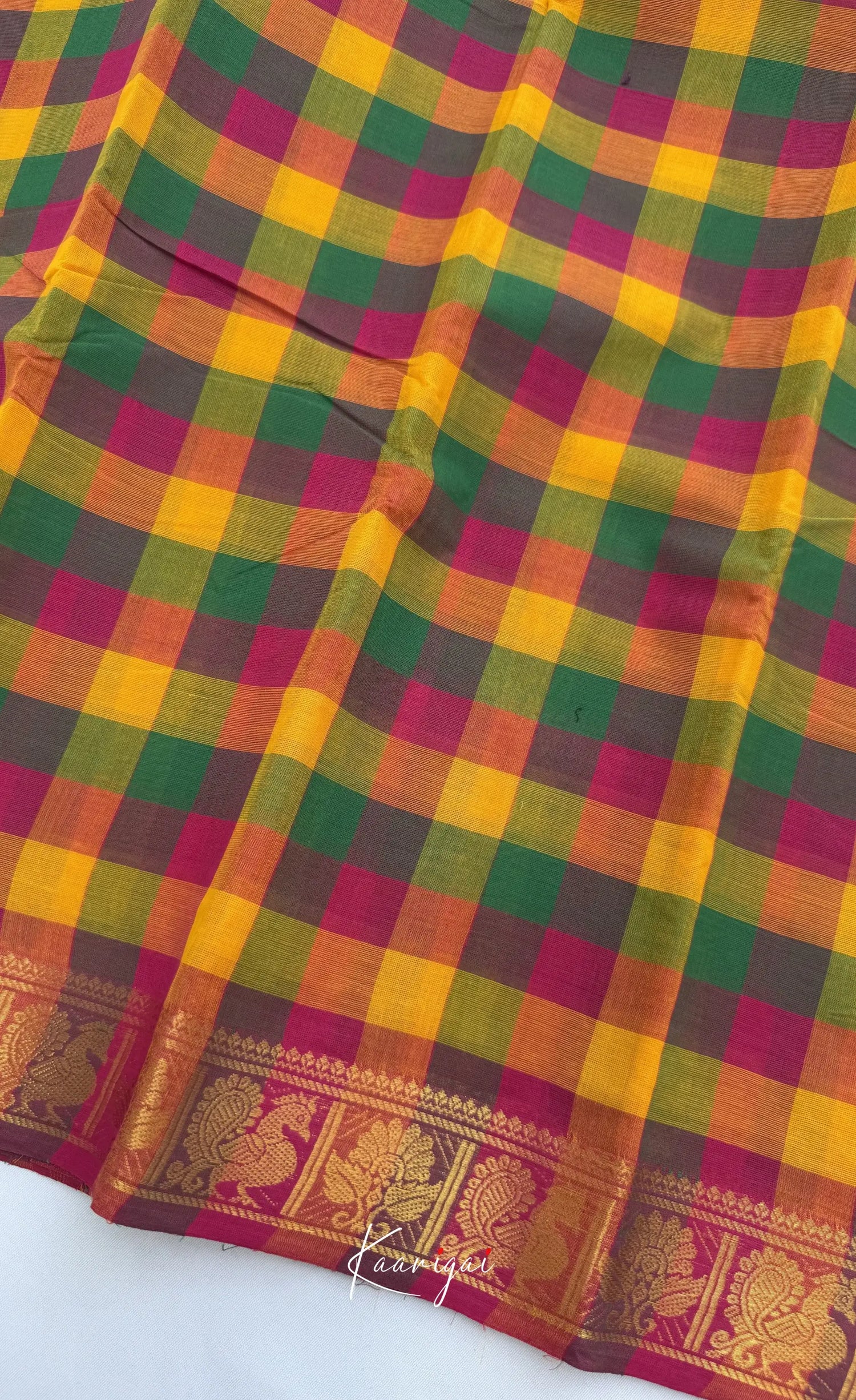 Nalinam - Bottle green and Pink Kandangi Checks Saree with Contrast Blouse - Sarees
