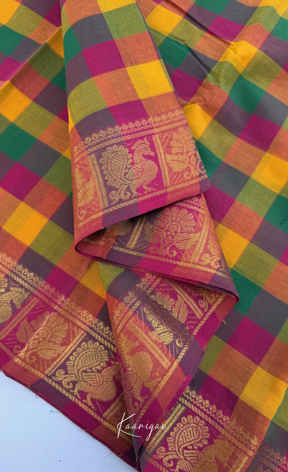Nalinam - Bottle green and Pink Kandangi Checks Saree with Contrast Blouse - Sarees