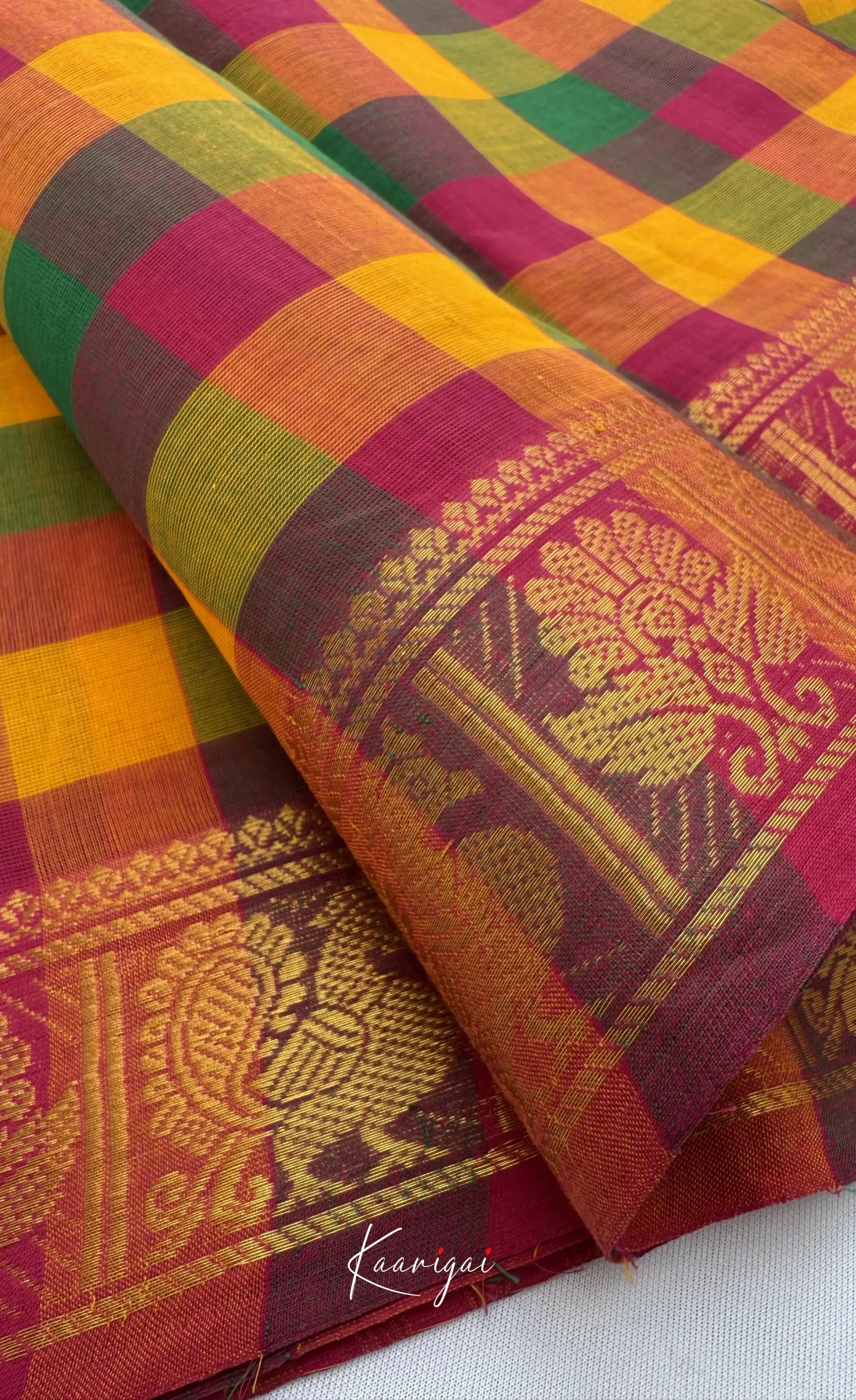 Nalinam - Bottle green and Pink Kandangi Checks Saree with Contrast Blouse - Sarees