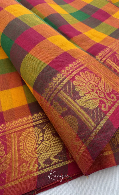 Nalinam - Bottle green and Pink Kandangi Checks Saree with Contrast Blouse - Sarees