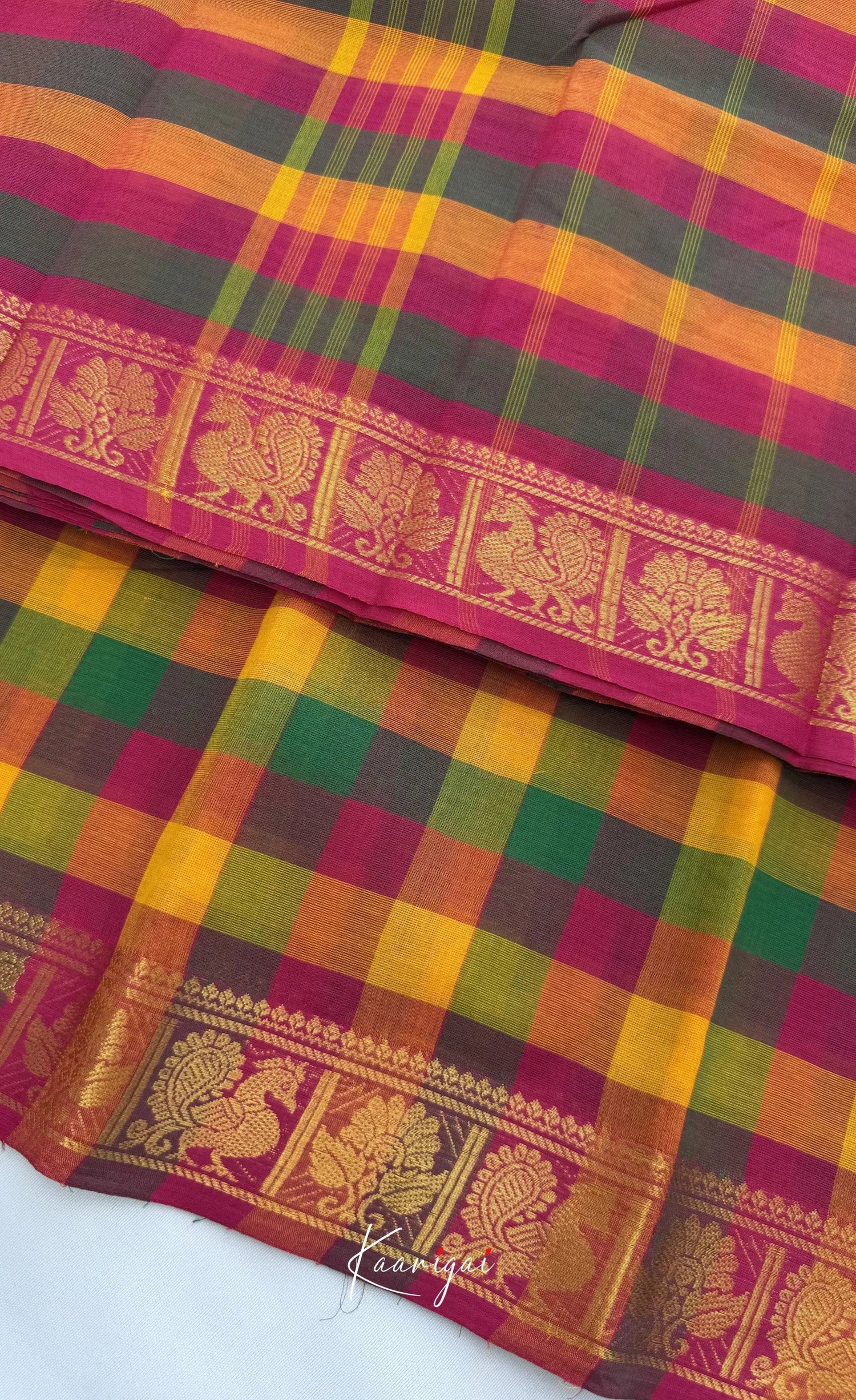 Nalinam - Bottle green and Pink Kandangi Checks Saree with Contrast Blouse - Sarees