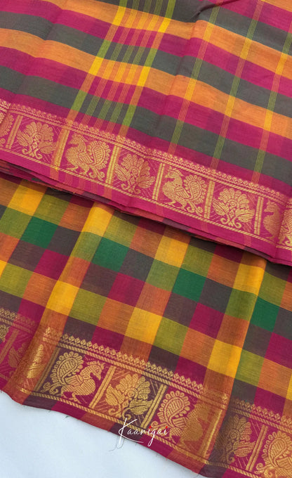 Nalinam - Bottle green and Pink Kandangi Checks Saree with Contrast Blouse - Sarees