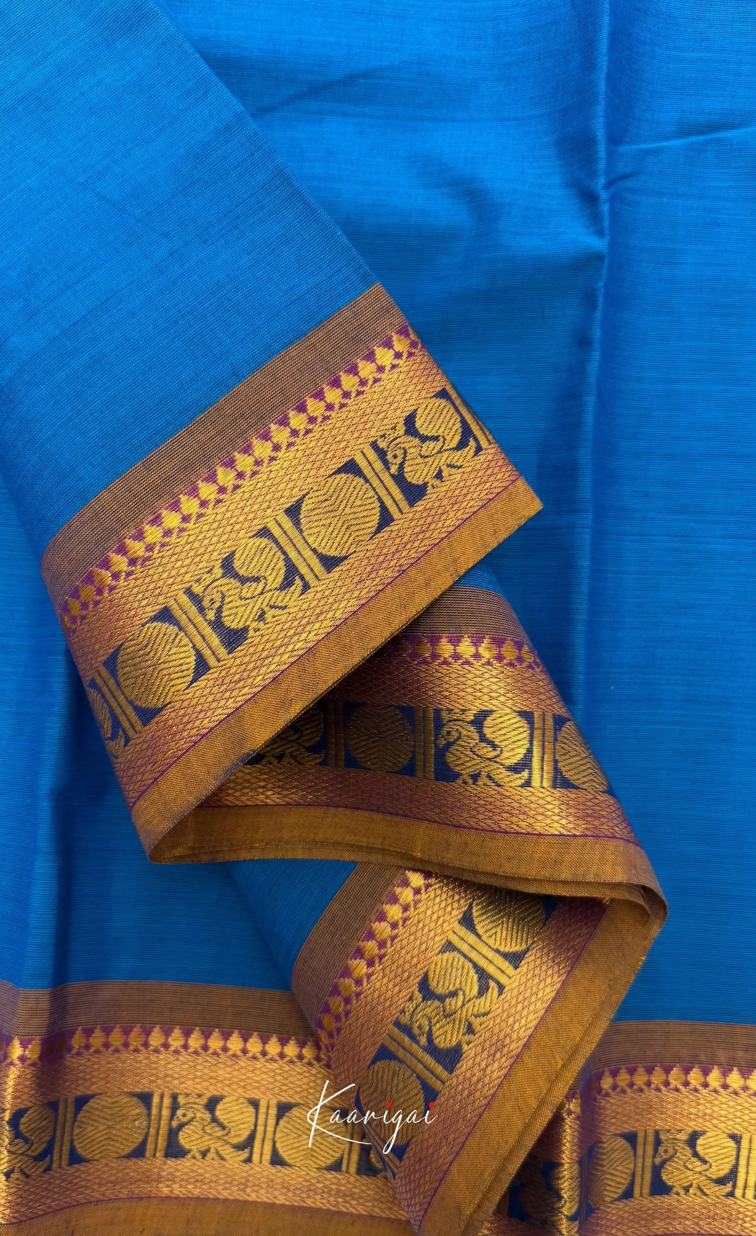 Nalinam - Bright blue with Brown Chettinad Cotton Saree Sarees