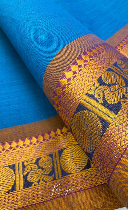 Nalinam - Bright blue with Brown Chettinad Cotton Saree Sarees