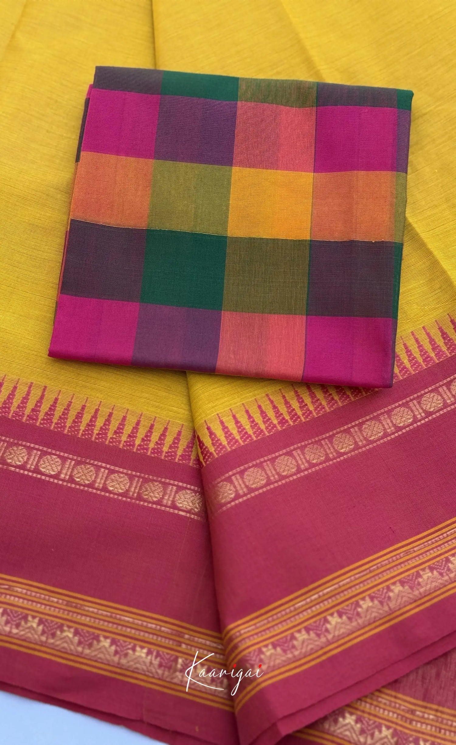 Nalinam - Bright Yellow Cotton Saree with Kandangi Checks Blouse - Sarees