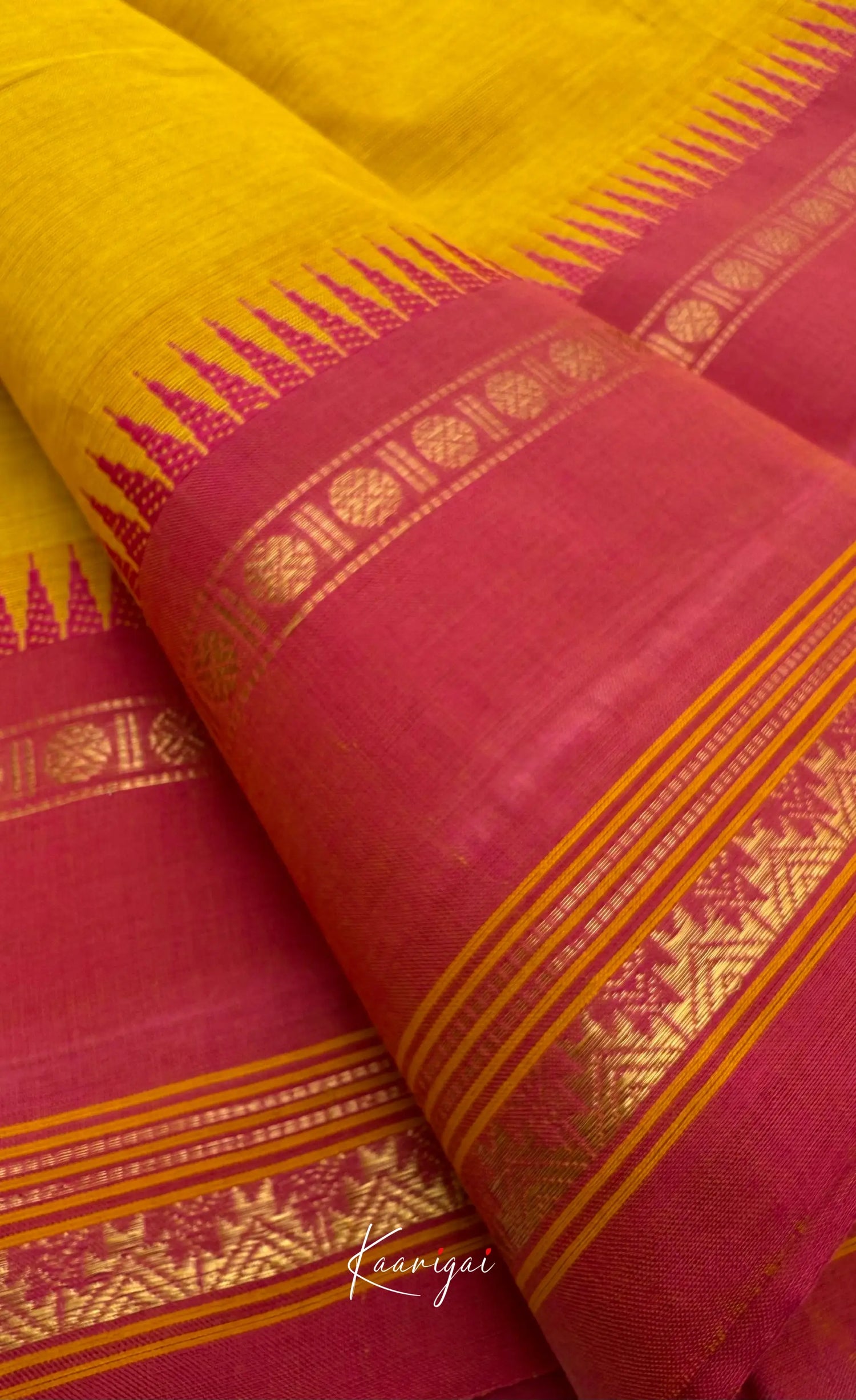 Nalinam - Bright Yellow Cotton Saree with Kandangi Checks Blouse - Sarees