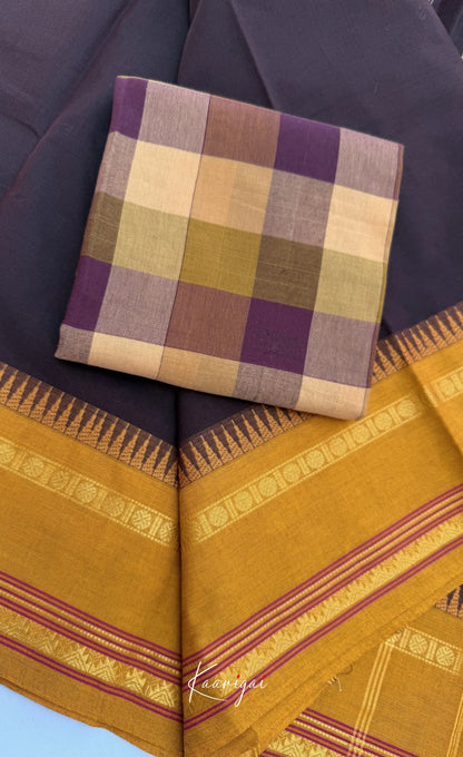 Nalinam - Chocolate brown Cotton Saree with Kandangi Checks Blouse - Sarees