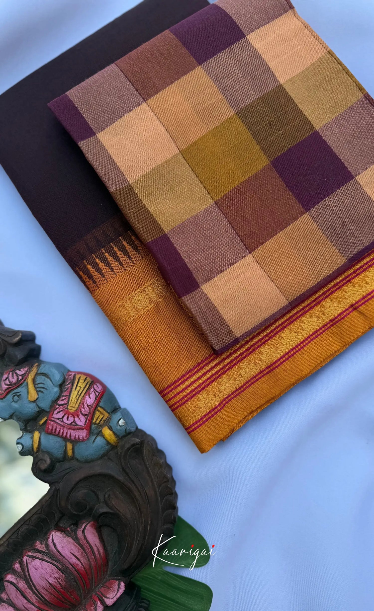Nalinam - Chocolate brown Cotton Saree with Kandangi Checks Blouse - Sarees
