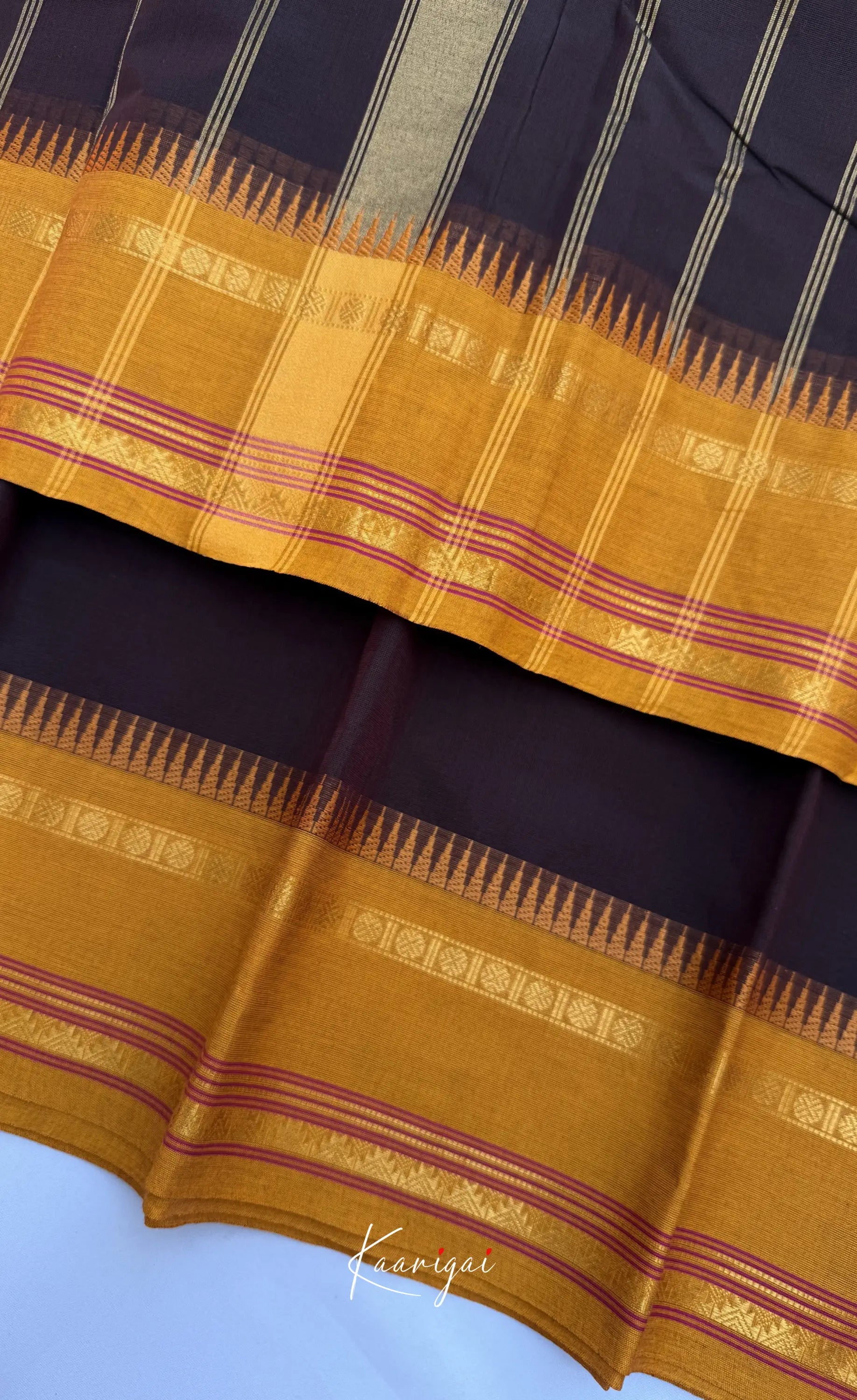 Nalinam - Chocolate brown Cotton Saree with Kandangi Checks Blouse - Sarees
