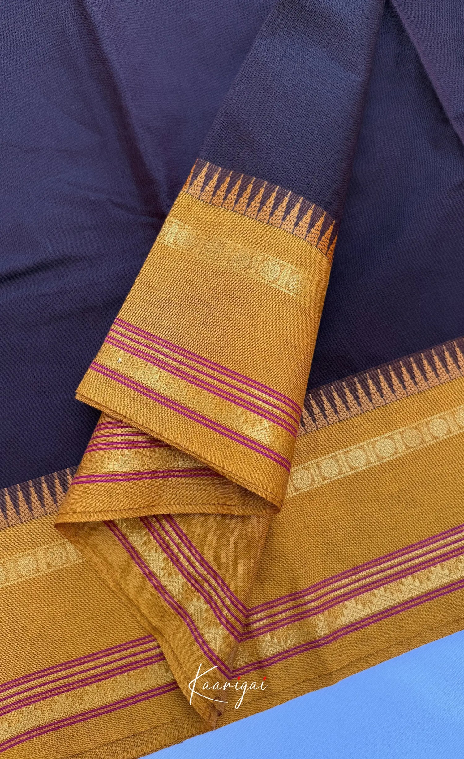 Nalinam - Chocolate brown Cotton Saree with Kandangi Checks Blouse - Sarees