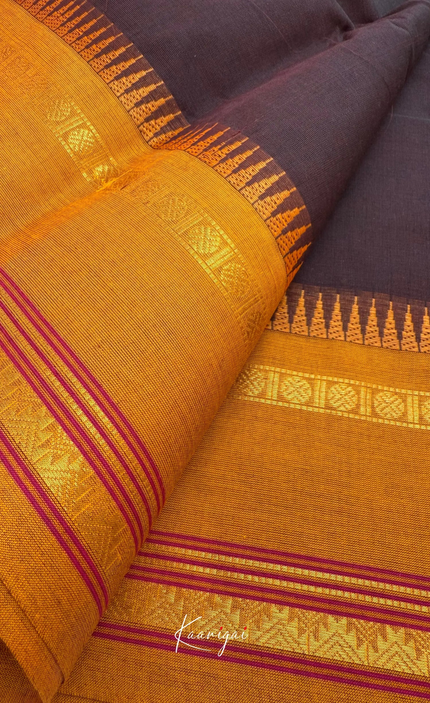 Nalinam - Chocolate brown Cotton Saree with Kandangi Checks Blouse - Sarees
