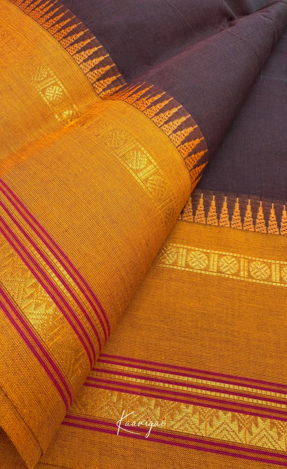 Nalinam - Chocolate brown Cotton Saree with Kandangi Checks Blouse - Sarees