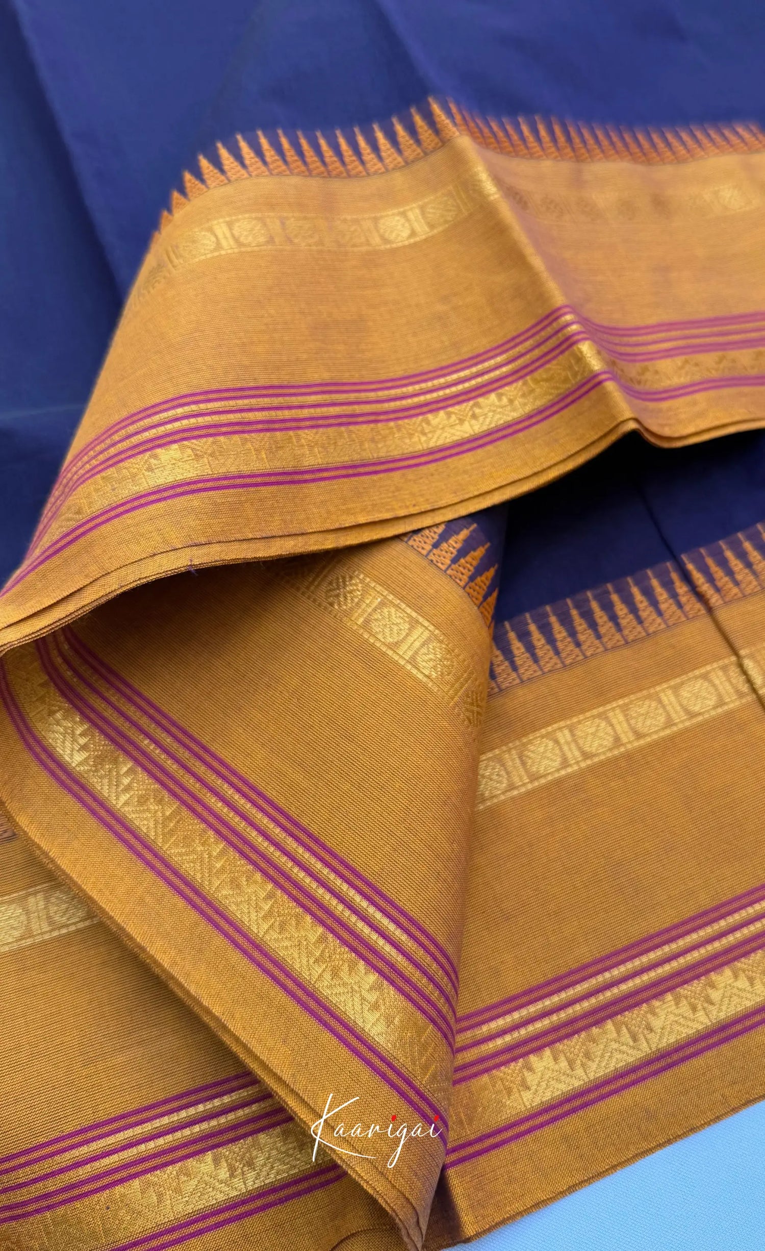 Nalinam - Dark Blue Cotton Saree with Kandangi Checks Blouse - Sarees
