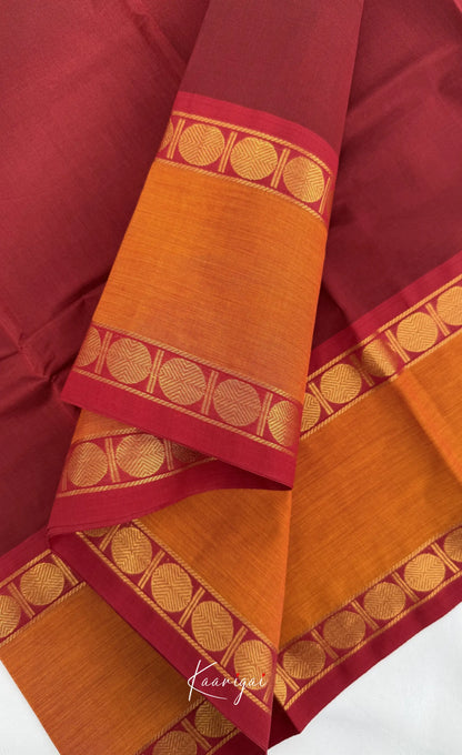 Nalinam - Dark Maroon and Mustard Chettinad Cotton Saree - Sarees