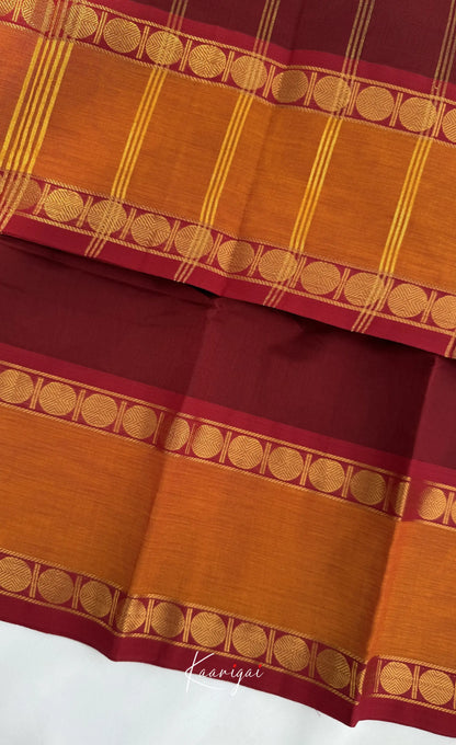 Nalinam - Dark Maroon and Mustard Chettinad Cotton Saree - Sarees