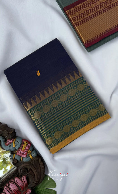 Nalinam - Dark Navy and Green Chettinad Cotton Saree - Sarees