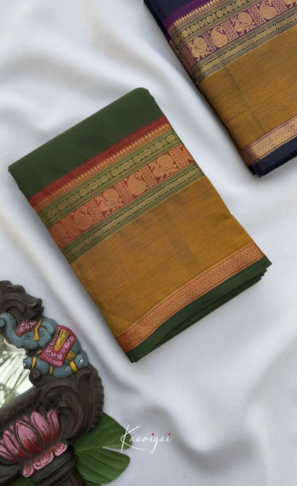 Nalinam - Deep green and Mustard Chettinad Cotton Saree - Sarees