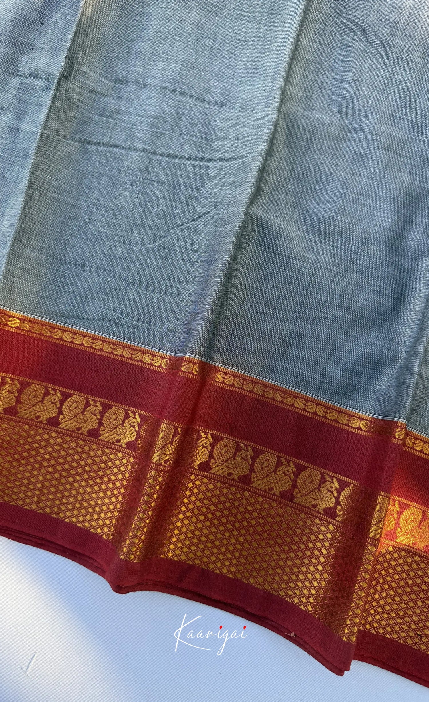 Nalinam - Grey and Reddish Maroon Chettinad Cotton Saree - Sarees