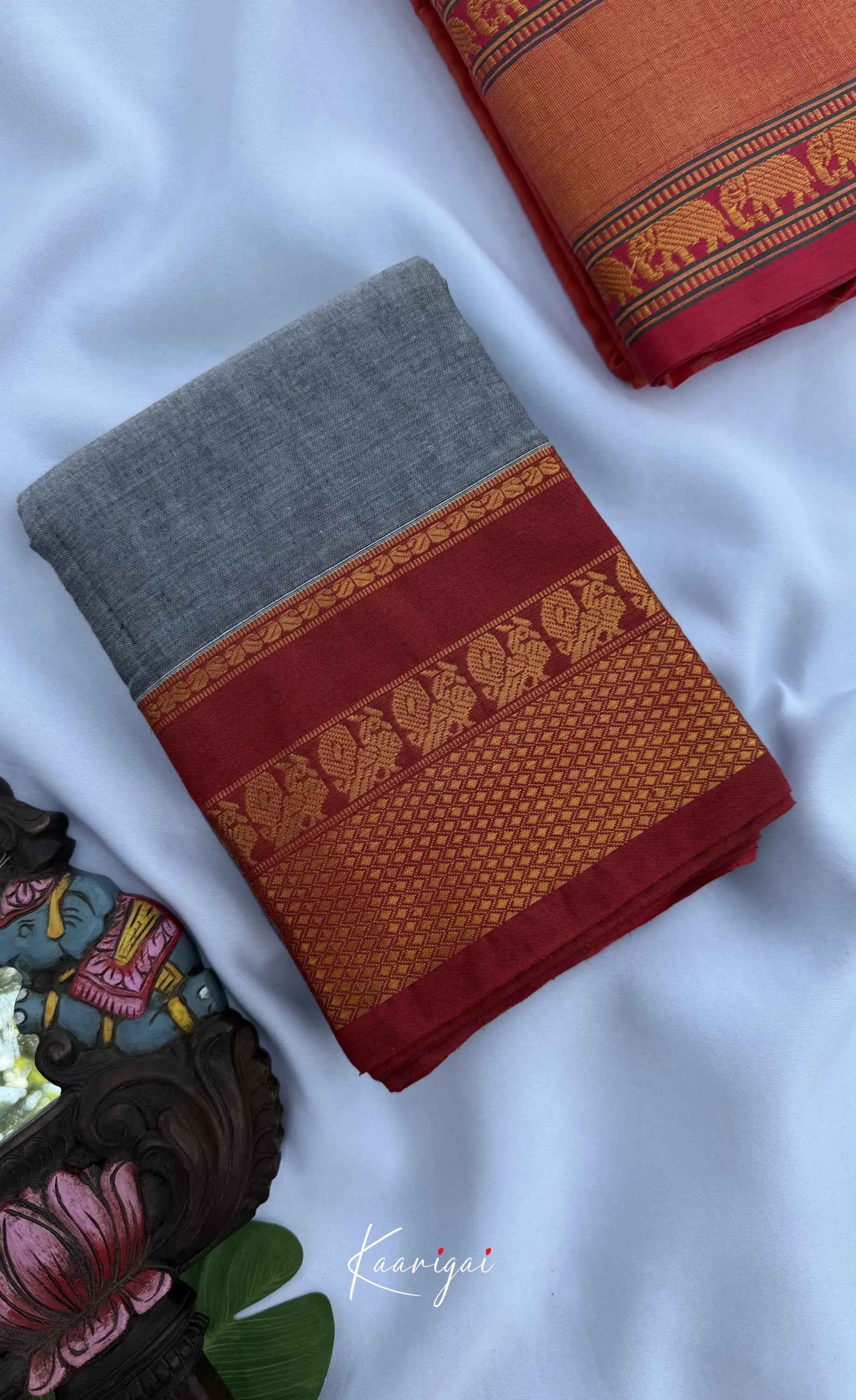 Nalinam - Grey and Reddish Maroon Chettinad Cotton Saree - Sarees