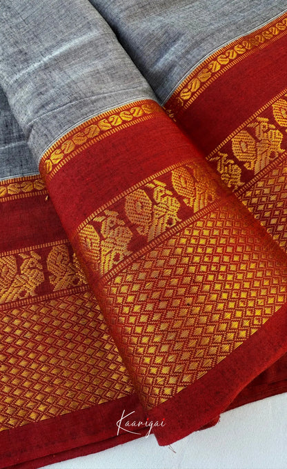 Nalinam - Grey and Reddish Maroon Chettinad Cotton Saree - Sarees