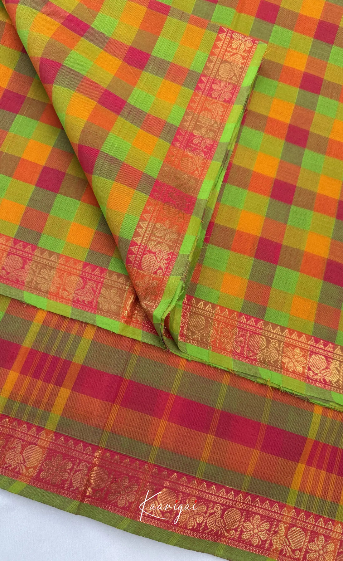 Nalinam - Light green and Pink Kandangi Checks Saree with Contrast Blouse - Sarees
