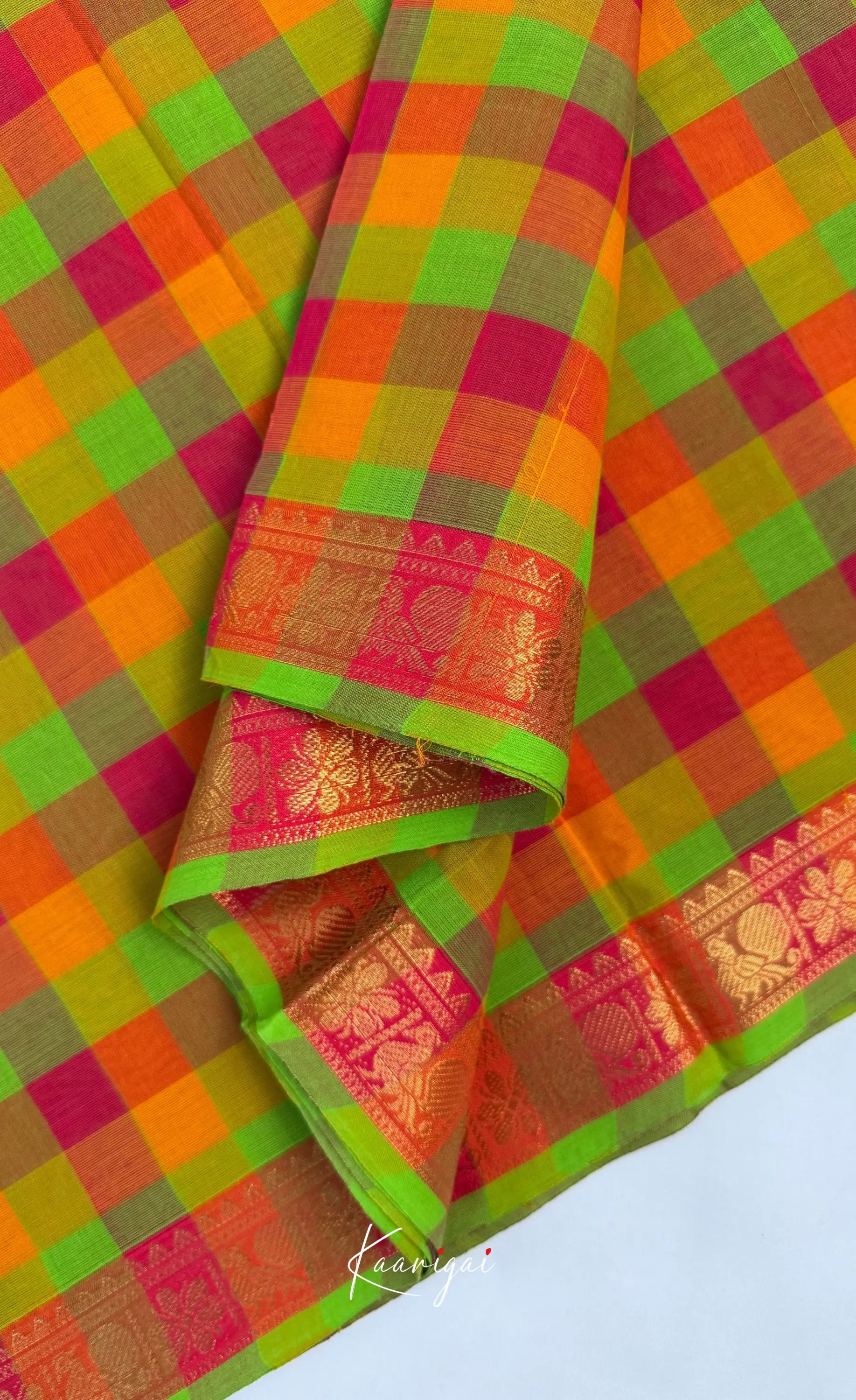Nalinam - Light green and Pink Kandangi Checks Saree with Contrast Blouse - Sarees