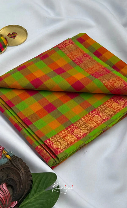 Nalinam - Light green and Pink Kandangi Checks Saree with Contrast Blouse - Sarees