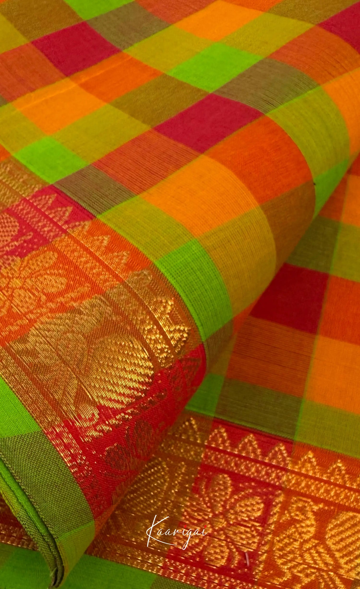 Nalinam - Light green and Pink Kandangi Checks Saree with Contrast Blouse - Sarees
