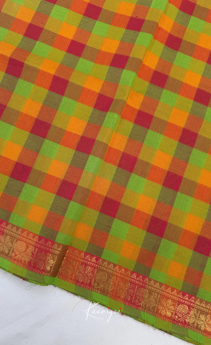 Nalinam - Light green and Pink Kandangi Checks Saree with Contrast Blouse - Sarees