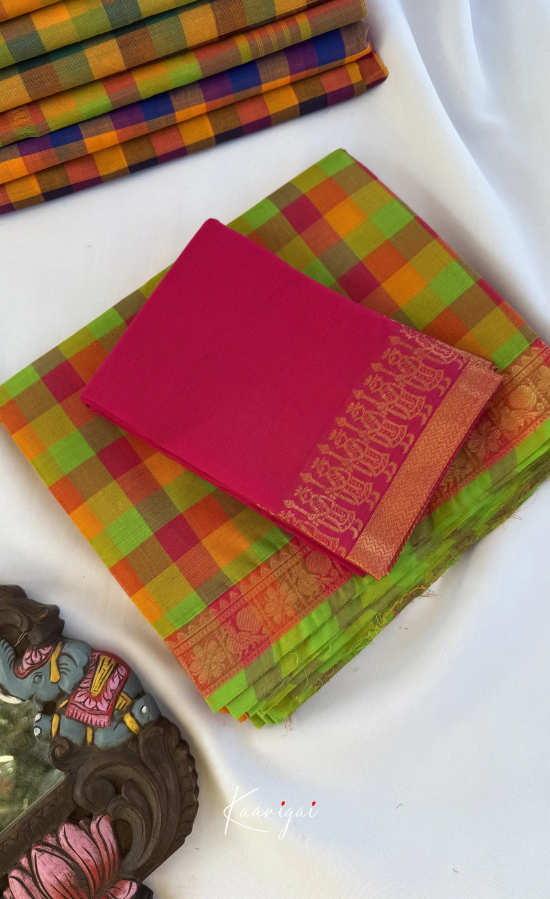 Nalinam - Light green and Pink Kandangi Checks Saree with Contrast Blouse - Sarees