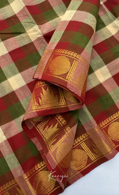 Nalinam - Maroon and Green Kandangi Checks Saree with Contrast Blouse - Sarees