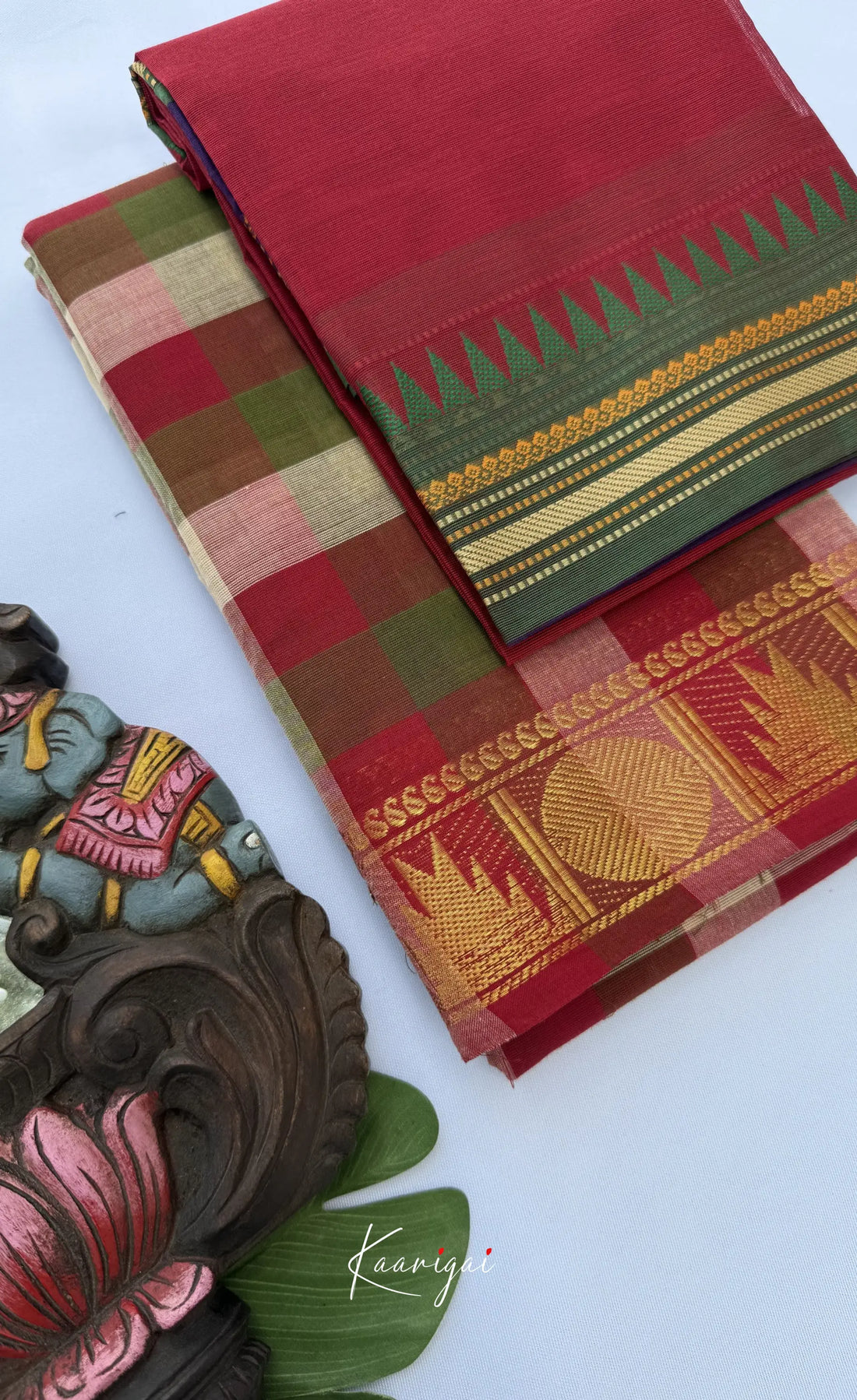 Nalinam - Maroon and Green Kandangi Checks Saree with Contrast Blouse - Sarees