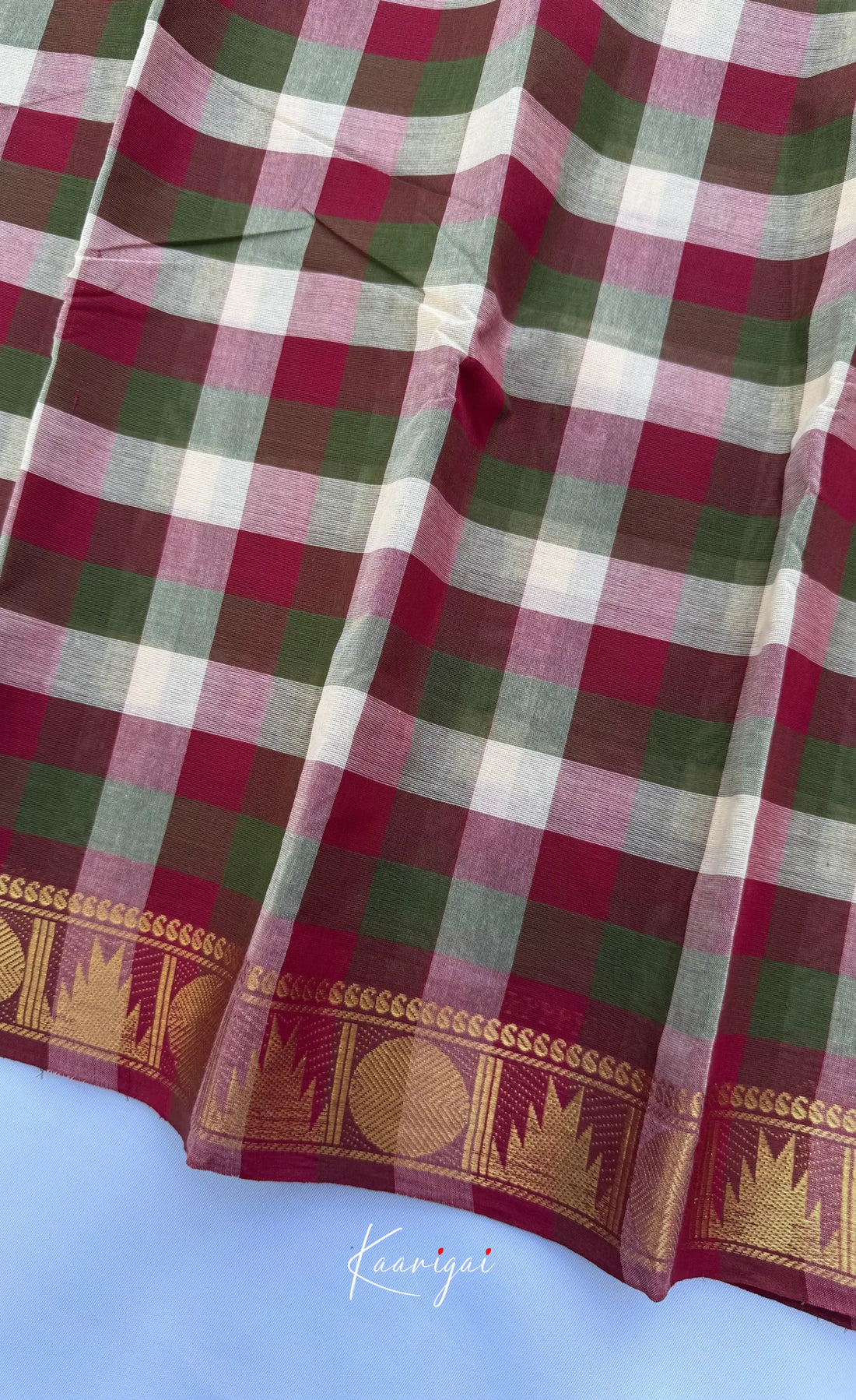 Nalinam - Maroon and Green Kandangi Checks Saree with Contrast Blouse - Sarees
