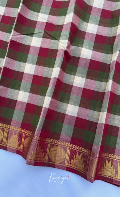 Nalinam - Maroon and Green Kandangi Checks Saree with Contrast Blouse - Sarees
