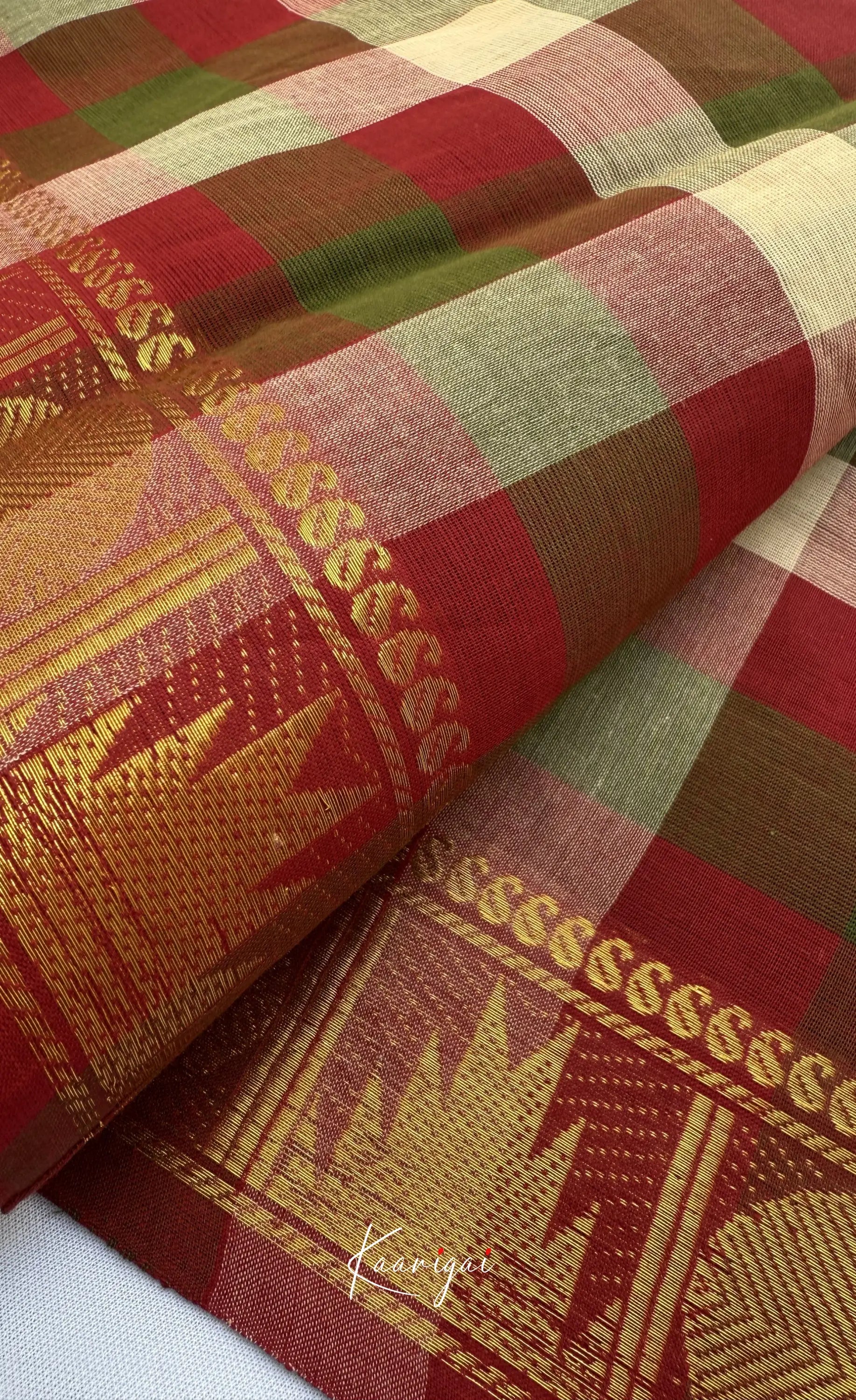 Nalinam - Maroon and Green Kandangi Checks Saree with Contrast Blouse - Sarees