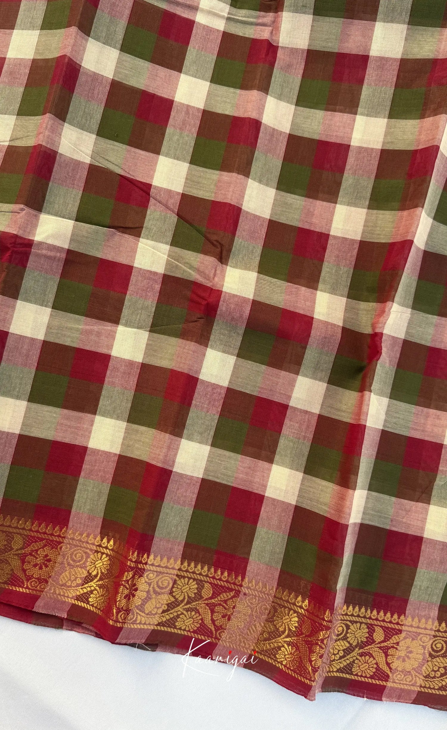 Nalinam - Maroon and White Kandangi Checks Saree with Contrast Blouse - Sarees