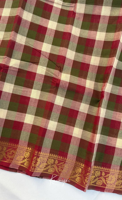 Nalinam - Maroon and White Kandangi Checks Saree with Contrast Blouse - Sarees