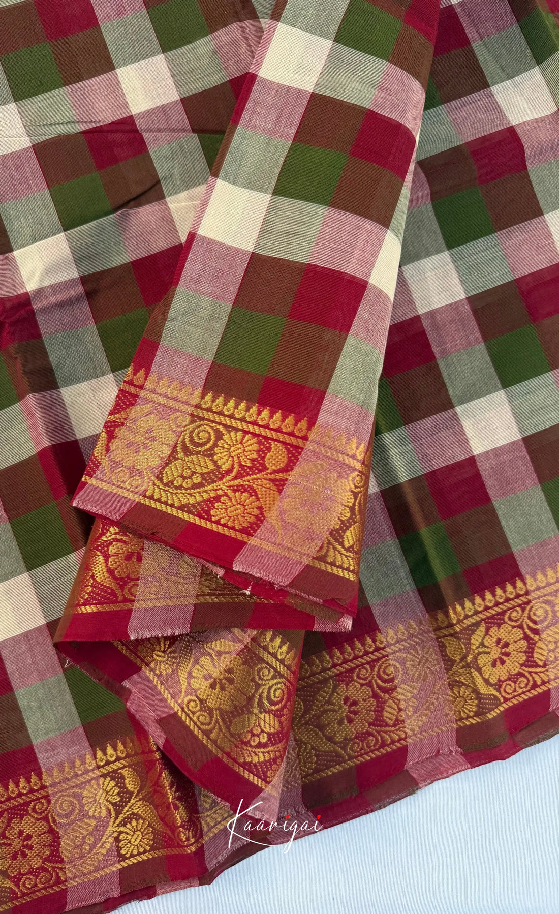 Nalinam - Maroon and White Kandangi Checks Saree with Contrast Blouse - Sarees