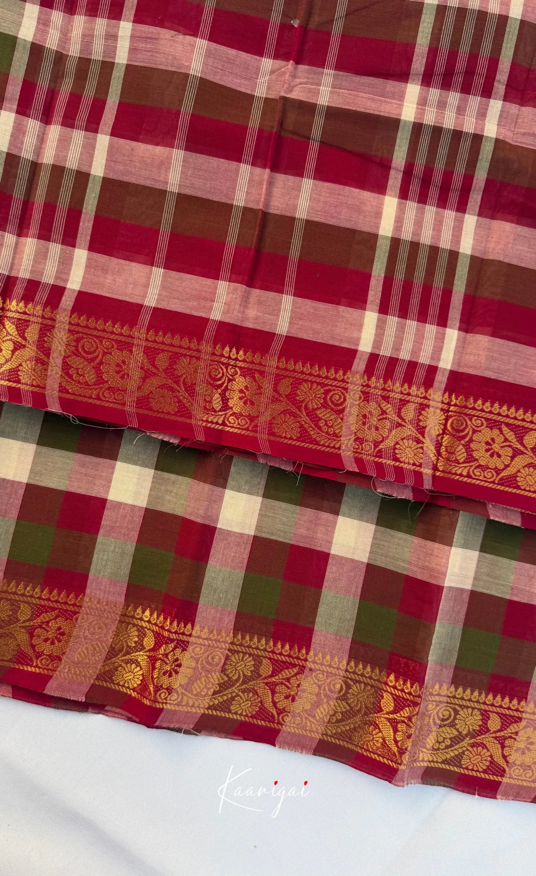 Nalinam - Maroon and White Kandangi Checks Saree with Contrast Blouse - Sarees