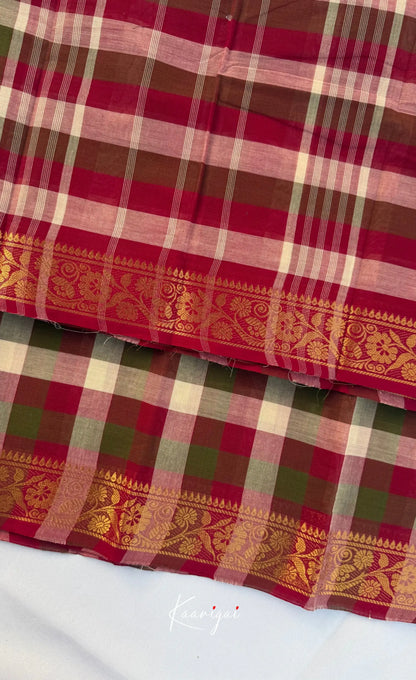Nalinam - Maroon and White Kandangi Checks Saree with Contrast Blouse - Sarees