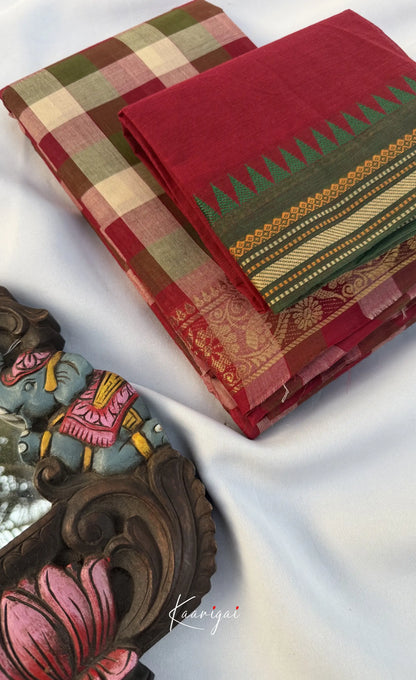 Nalinam - Maroon and White Kandangi Checks Saree with Contrast Blouse - Sarees
