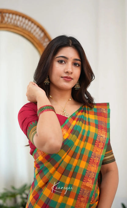 Nalinam - Multicolour checks and Reddish Maroon Kandangi Saree - Sarees
