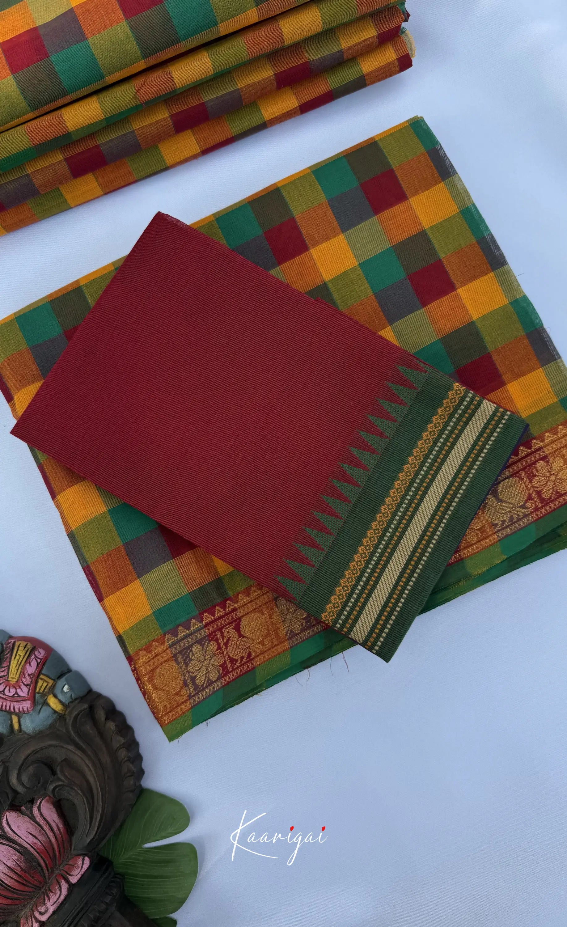 Nalinam - Multicolour checks and Reddish Maroon Kandangi Saree - Sarees