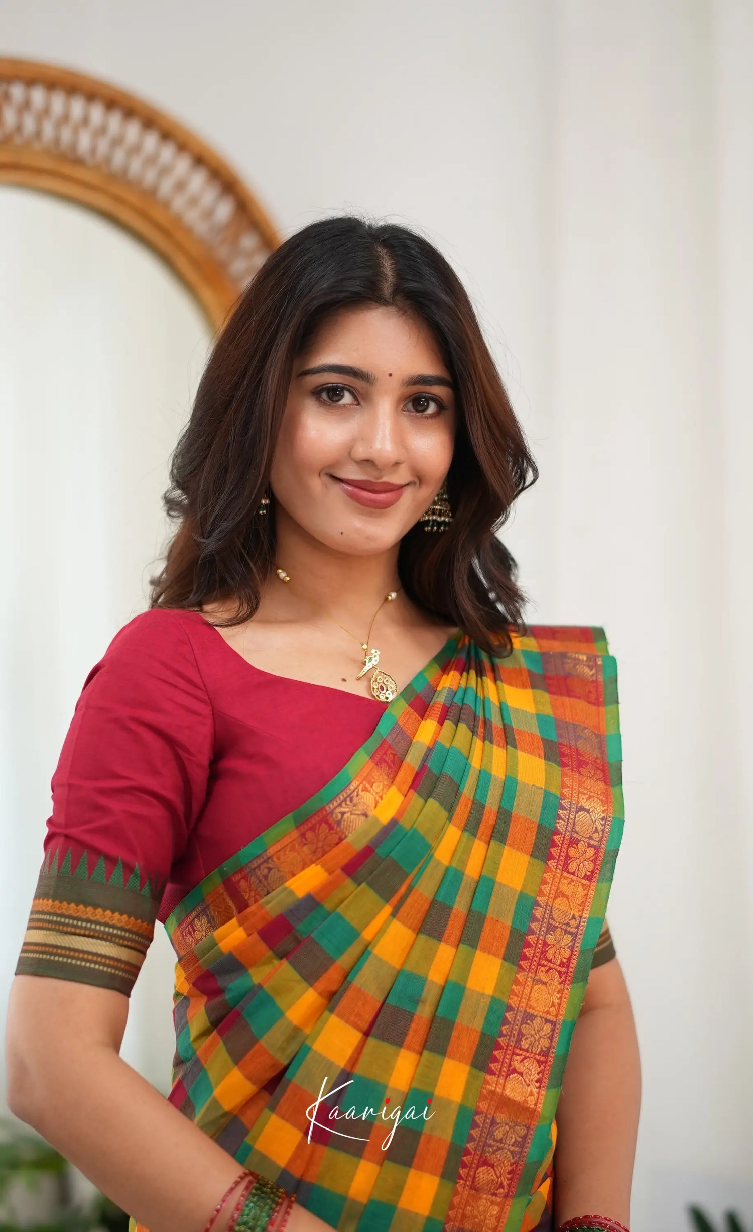 Nalinam - Multicolour checks and Reddish Maroon Kandangi Saree - Sarees