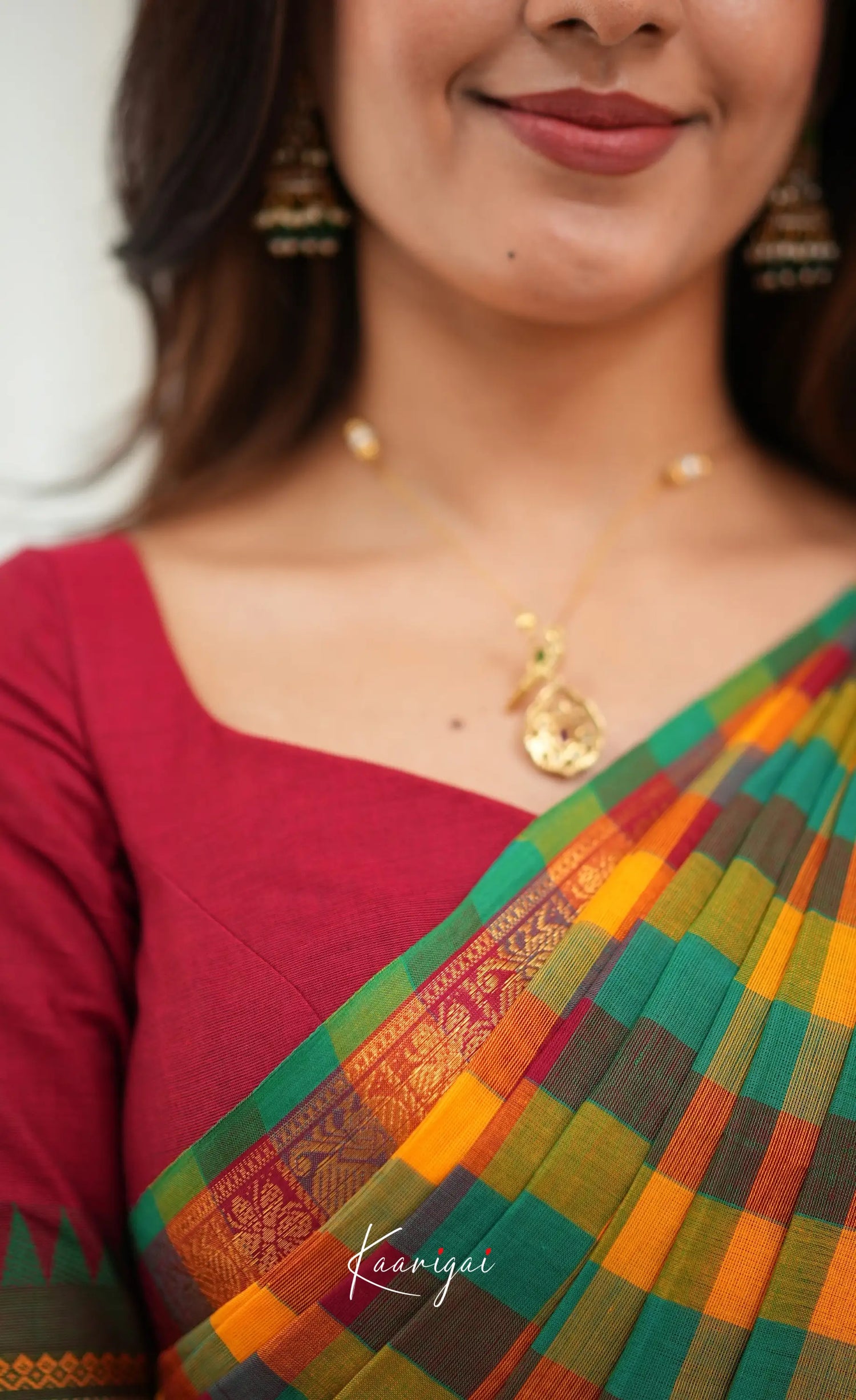 Nalinam - Multicolour checks and Reddish Maroon Kandangi Saree - Sarees