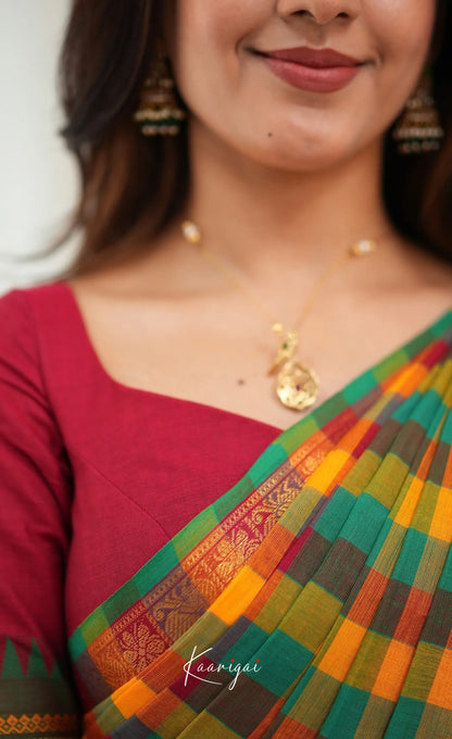Nalinam - Multicolour checks and Reddish Maroon Kandangi Saree - Sarees