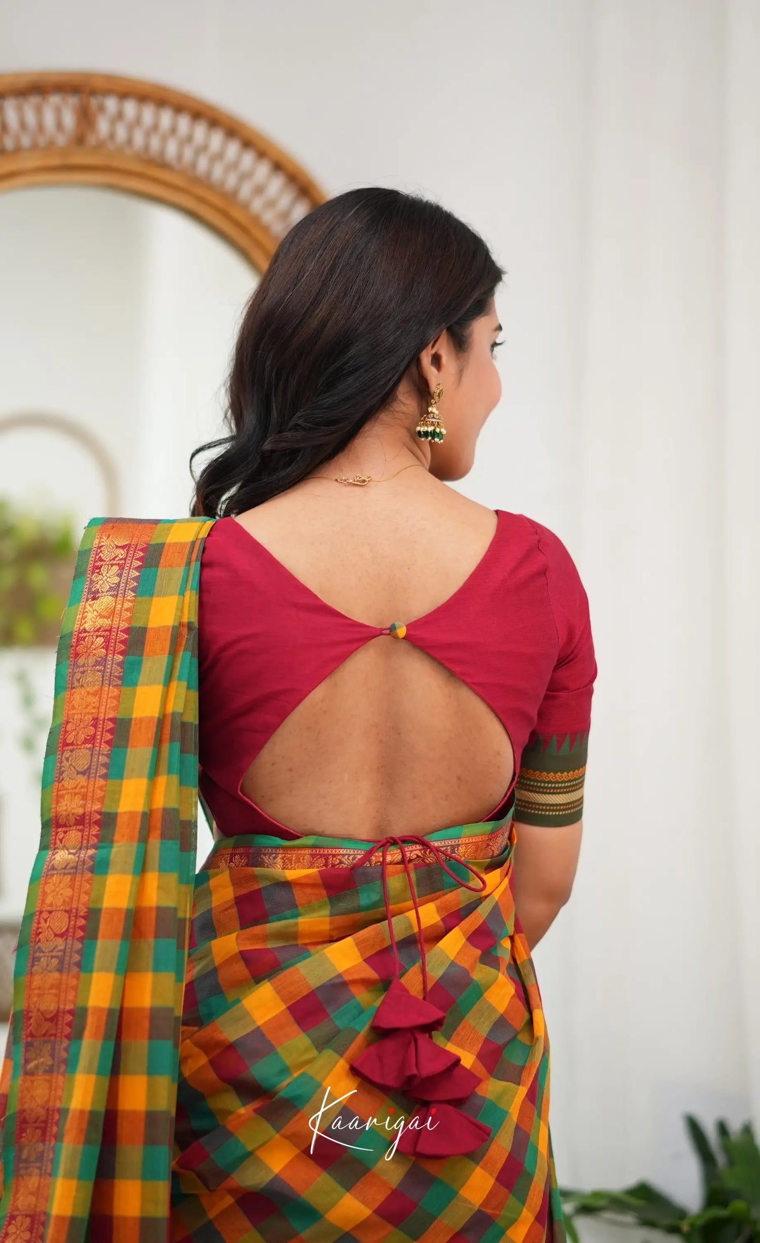 Nalinam - Multicolour checks and Reddish Maroon Kandangi Saree - Sarees