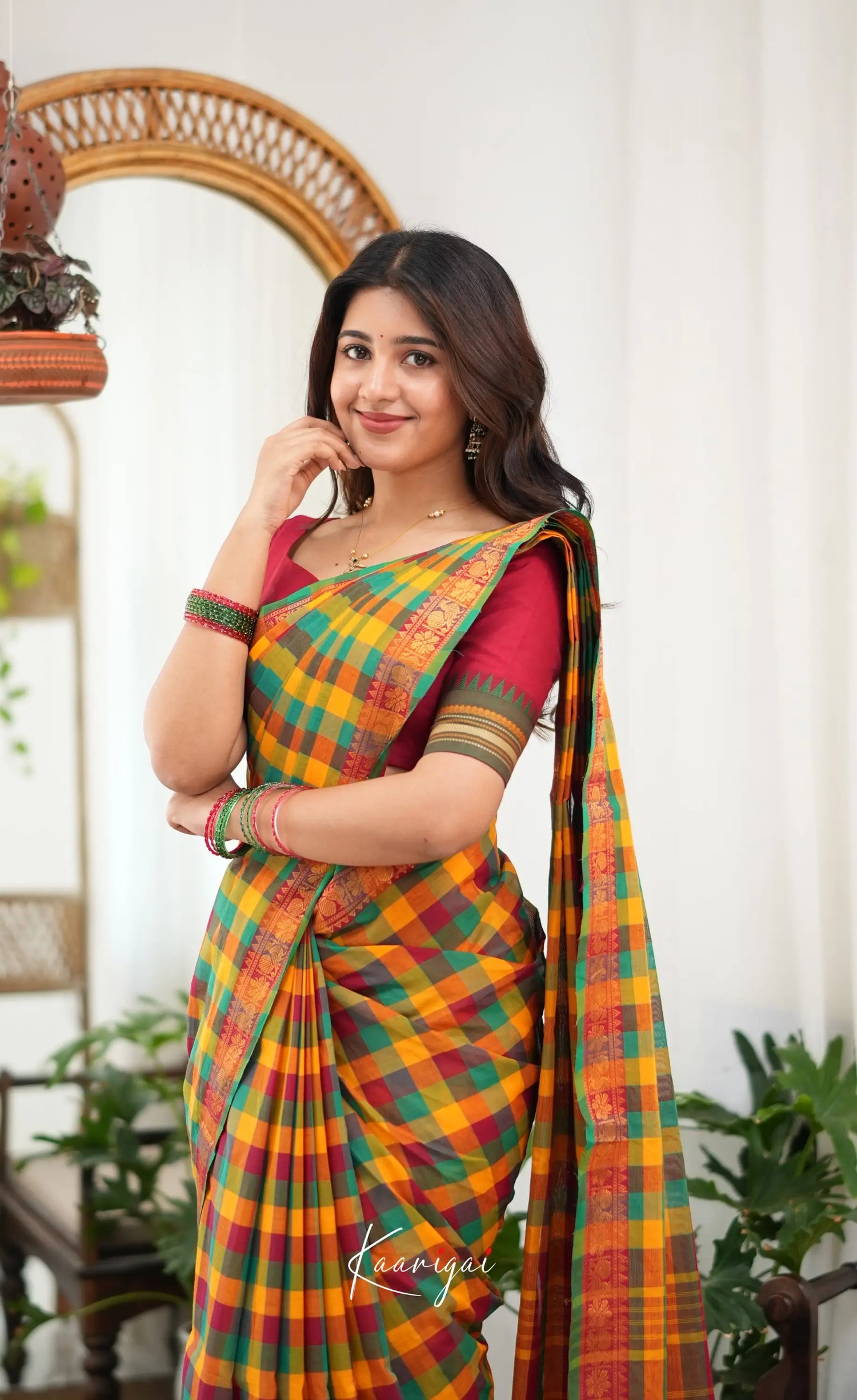 Nalinam - Multicolour checks and Reddish Maroon Kandangi Saree - Sarees