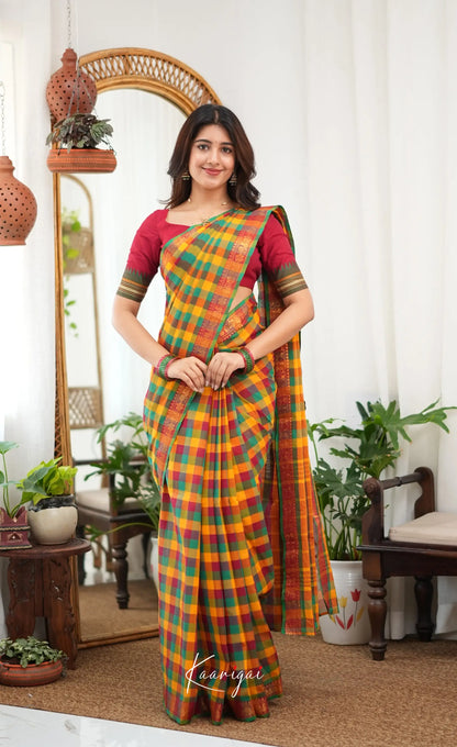 Nalinam - Multicolour checks and Reddish Maroon Kandangi Saree - Sarees